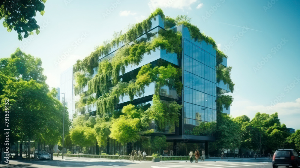 Sustainable green building. Eco - friendly building in modern city. Generative AI