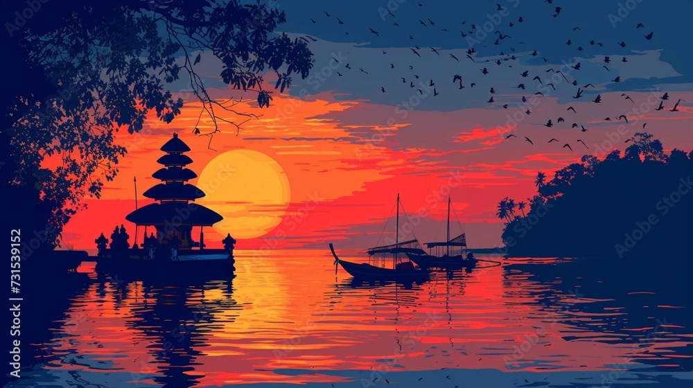 Colorful Balinese sunset with traditional gazebo and fishing boats silhouettes,