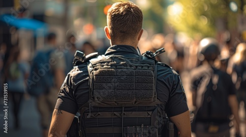 Photo from behind of law enforcement officer in special clothing and body armor, patrolling noisy city with group of co-workers.