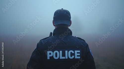 Rear view photo of police officer in dark-blue uniform standing in middle of foggy field.