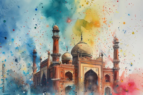 mosque is depicted with detailed architecture, featuring domes and tall minarets against a backdrop of a chaotic yet beautiful blend of colors