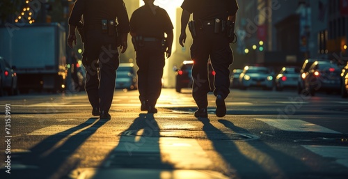 Three law enforcement officers left police station and patrolling city on foot. photo