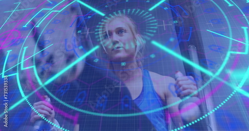 Image of circular scanner processing data over female athlete exercising
