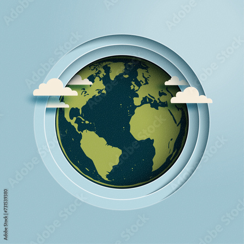 Happy earth day. Ecology and Environment concept. Globe map in the circle frame on blue background. Paper art vector illustration.