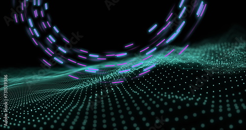 Image of glowing light trails of data transfer over mesh moving in fast motion