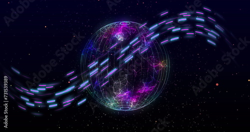 Image of glowing light trails of data transfer over globe moving in fast motion