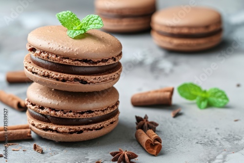Closeup view of isolated chocolate macarons with ganache filling mint leaves and French meringue cookies