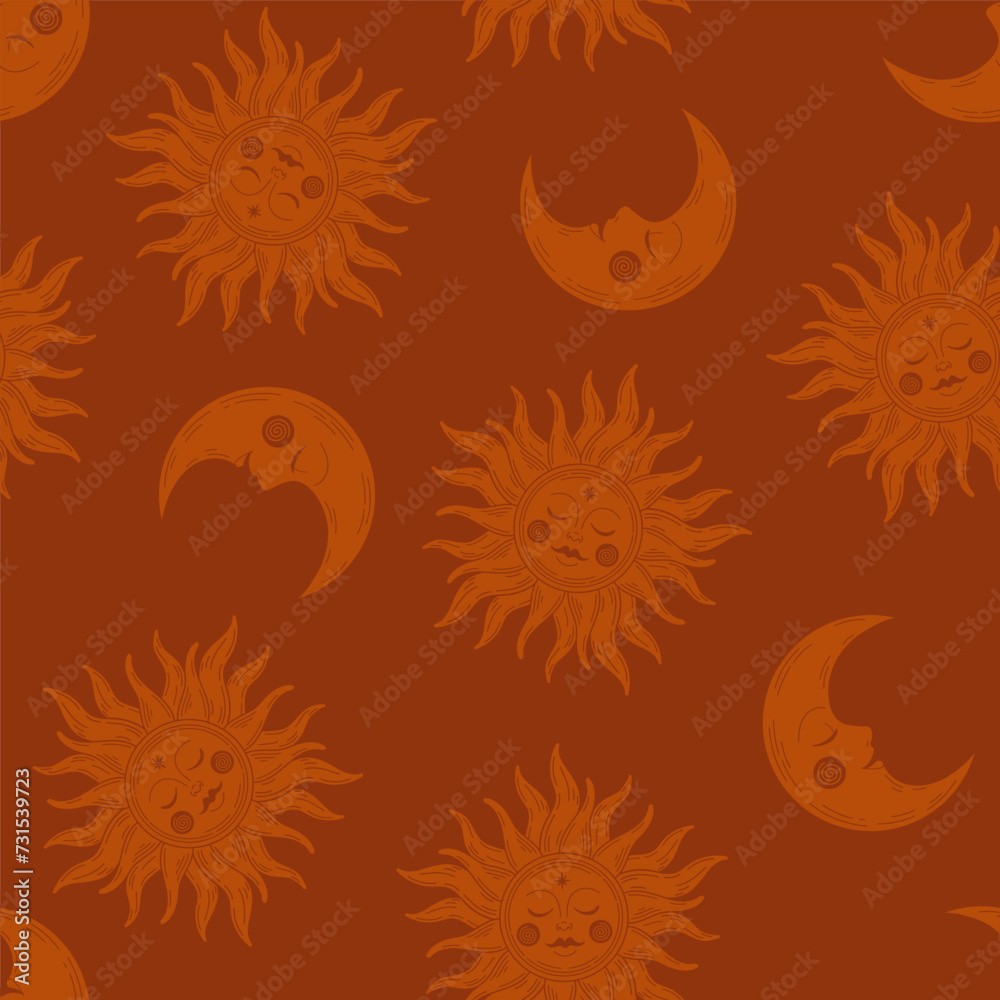 Brown seamless pattern with celestial sun and moon Brown seamless pattern with celestial sun and moon