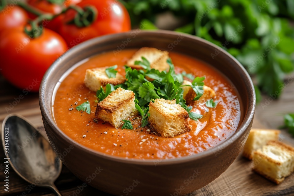 Soup made from tomatoes with croutons and parsley Soup made from tomatoes with croutons and parsley