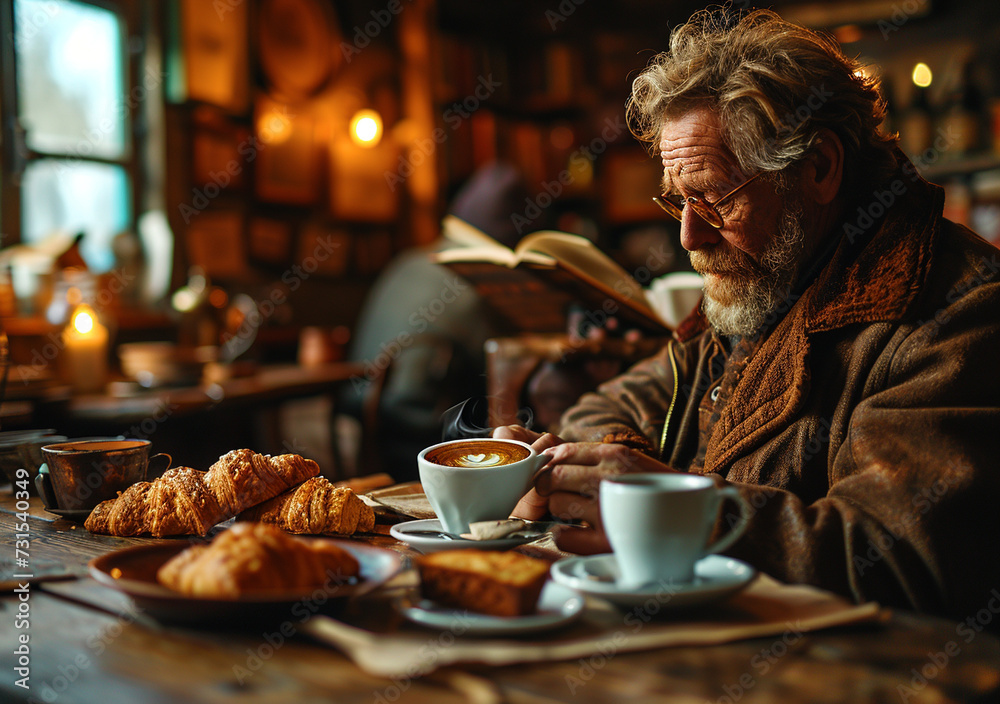 Morning coffee and croissant, book, newspaper and pleasant surroundings. Neutral background. Morning coffee and croissant, book, newspaper and pleasant surroundings. Neutral background.