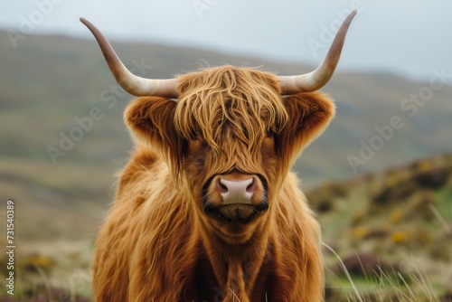 Highland cow on the Scottish moor in close up