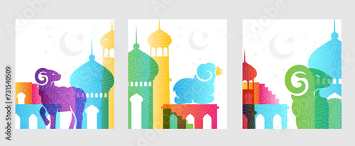 Muslim colorful posters with rams and traditional islamic architecture. Vector decorative banners.
