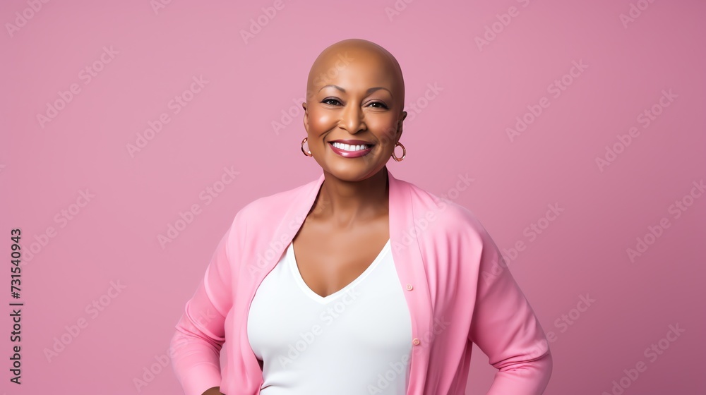 Bold woman cancer patient, recovery concept. AI generated image. Bold woman cancer patient, recovery concept. AI generated image.