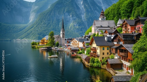 Hallstatt village in the Austria. Beautiful village in the mountain valley near lake. Mountains landscape and old town.
