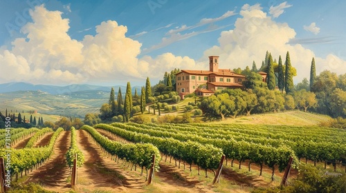 idyllic Tuscany landscape with vineyards and a manor house.
