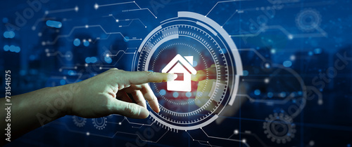 User hand touching circular futuristic digital interface of smart home automation control system. Automation assistant, Innovation technology, and Security Concept.