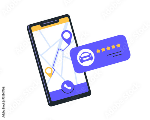 Taxi app on mobile phone screen. Car delivery route on map, rating and feedback in smartphone application. Online cab ordering in cellphone. Flat vector illustration isolated on white background