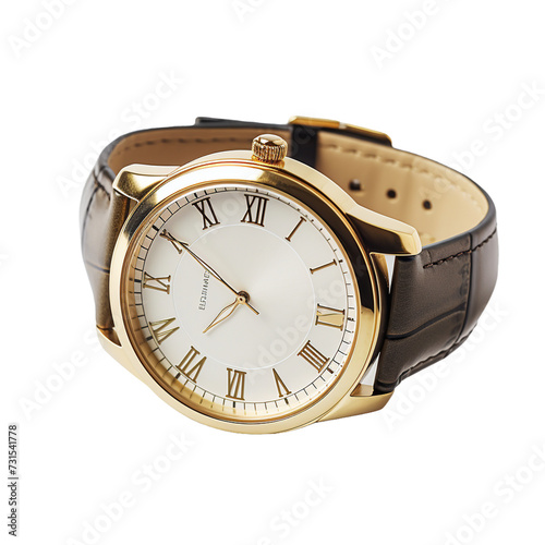 stylish golden watch on a white surface on white background