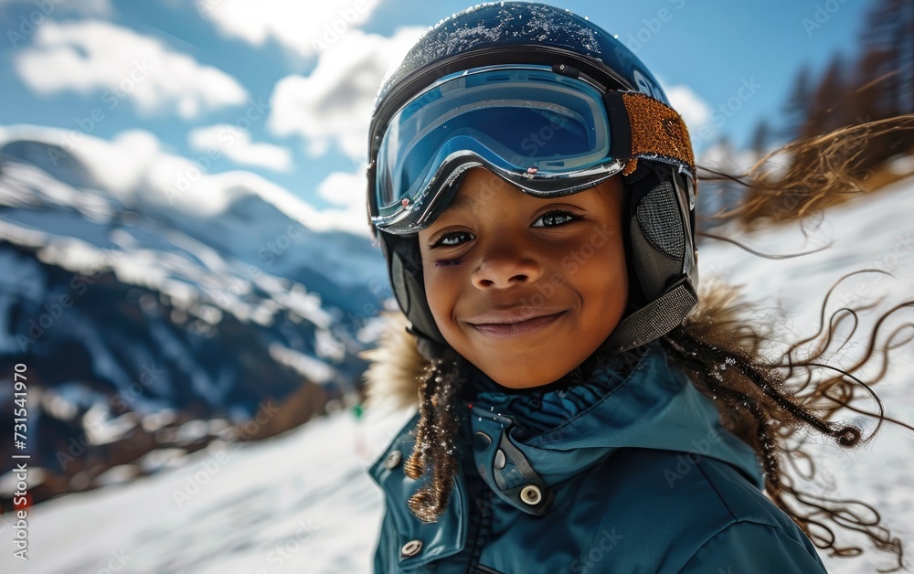 girl skier with Ski goggles and Ski helmet on the snow mountain