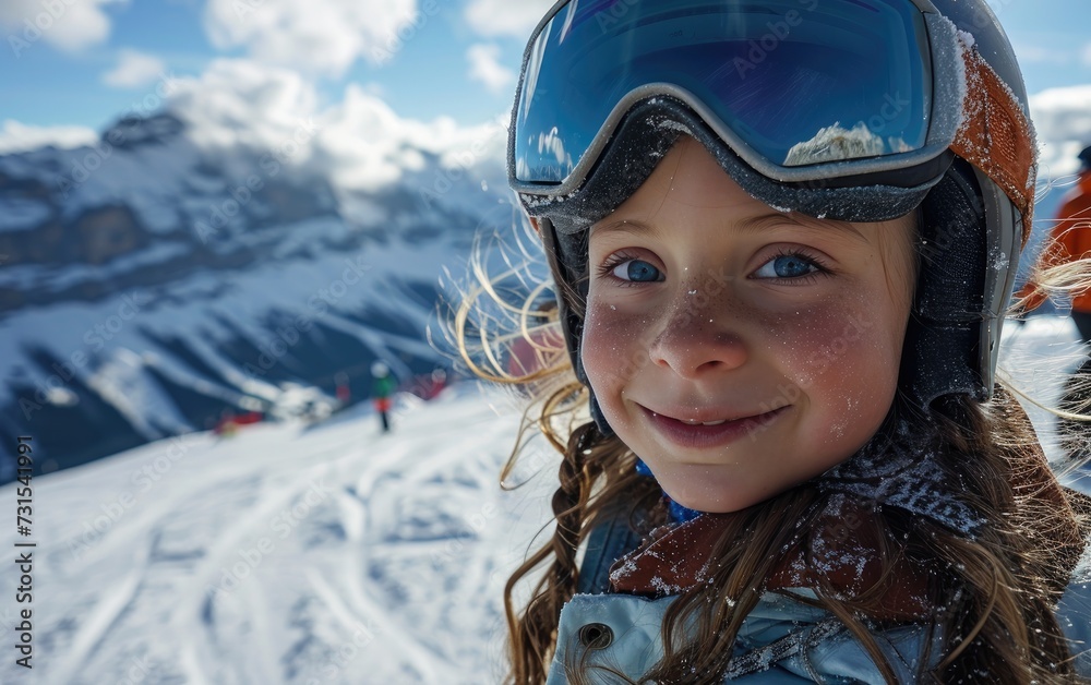 little girl skier with Ski goggles and Ski helmet on the snow mountain little girl skier with Ski goggles and Ski helmet on the snow mountain