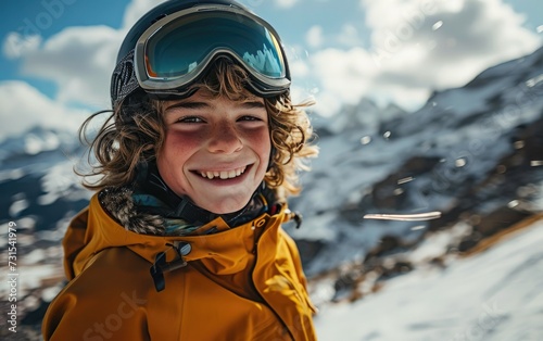boy skier with Ski goggles and Ski helmet on the snow mountain © jiawei