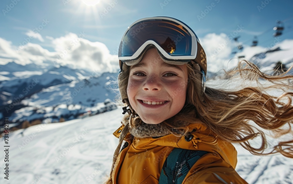 little girl skier with Ski goggles and Ski helmet on the snow mountain
