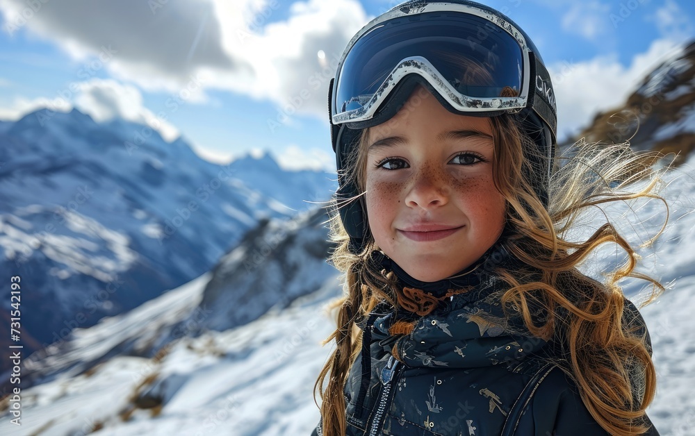 little girl skier with Ski goggles and Ski helmet on the snow mountain little girl skier with Ski goggles and Ski helmet on the snow mountain