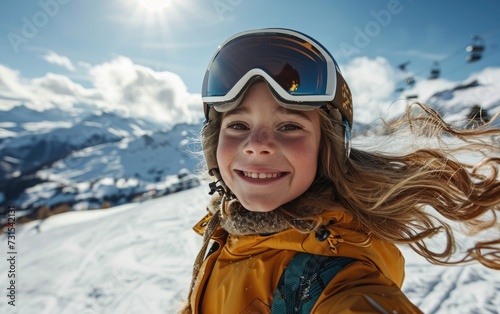 little girl skier with Ski goggles and Ski helmet on the snow mountain