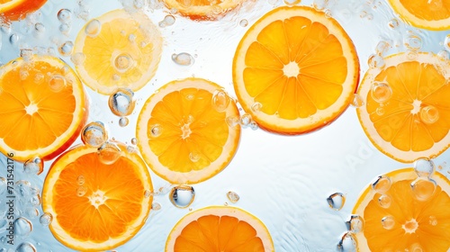 Oranges floating in the crystal clear water. Refreshment concept. AI generated image.