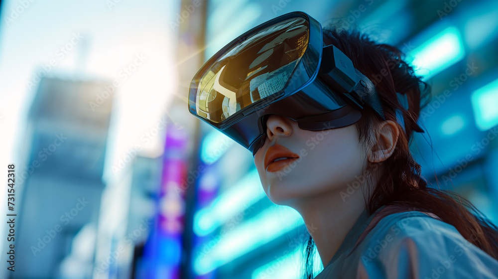 A woman wearing a VR headshet with cyberpunk bakcground A woman wearing a VR headshet with cyberpunk bakcground