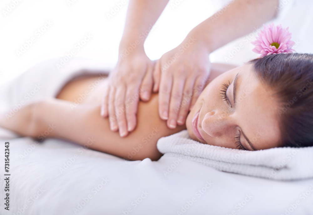 Relax, massage and woman at hotel spa with flower for health, wellness and luxury holistic treatment. Self care, peace and girl on table with masseuse for body therapy, sleep and calm service. Relax, massage and woman at hotel spa with flower for health, wellness and luxury holistic treatment. Self care, peace and girl on table with masseuse for body therapy, sleep and calm service.