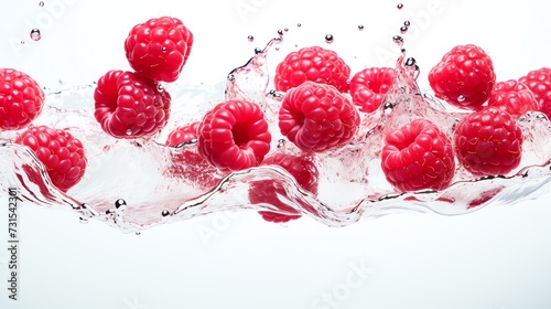Raspberries  floating in the crystal clear water. Organic food concept. AI generated image.