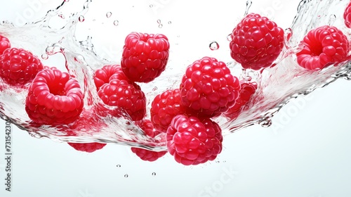 Raspberries  floating in the crystal clear water. Organic food concept. AI generated image.