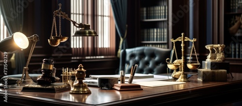 Law theme  mallet of judge  wooden desk and books in courtroom