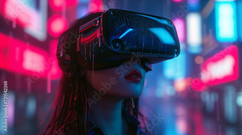 A woman wearing a VR headshet with cyberpunk bakcground