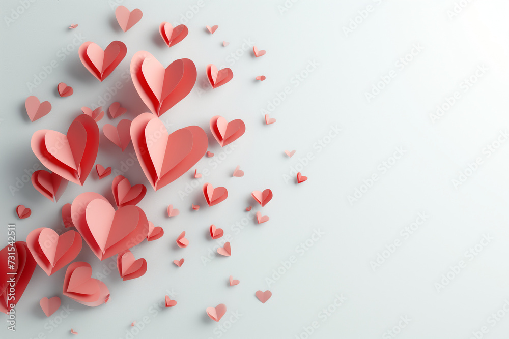 Red and white background with ribbon, adorned with symbols of love such as hearts, perfect for Valentine's Day celebration, Generative Ai Illustration.
