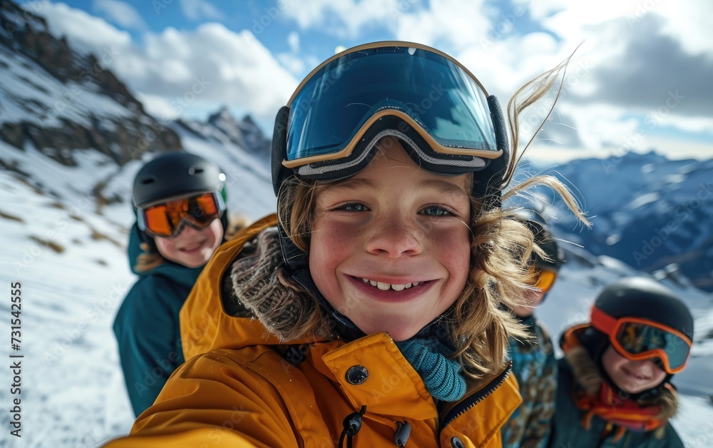 boy skier with friends with Ski goggles and Ski helmet on the snow mountain boy skier with friends with Ski goggles and Ski helmet on the snow mountain