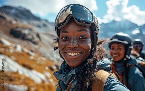 girl skier with friends with Ski goggles and Ski helmet on the snow mountain