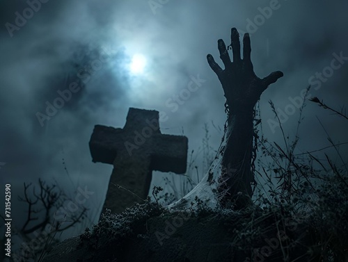 Hand reaching out of a grave with a cross above, AI-generated.