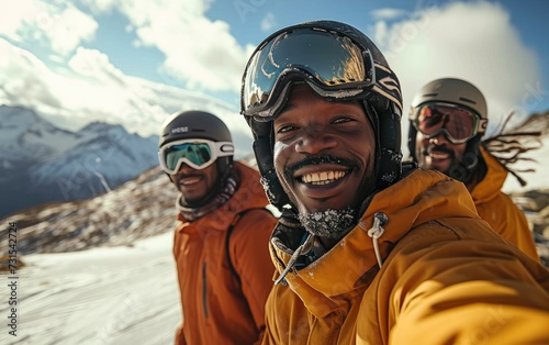 skier man with friends with Ski goggles and Ski helmet on the snow mountain