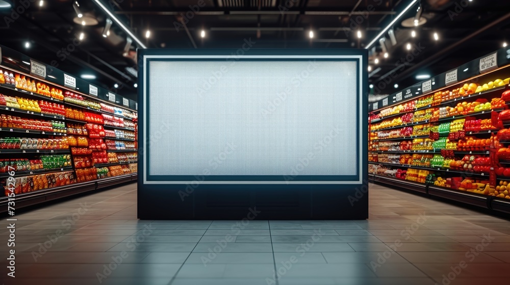 cart on the shelf, Intelligent Digital Signage , Augmented reality marketing and face recognition concept. Interactive artificial intelligence digital advertisement in retail hypermarket Mall. - obrazy, fototapety, plakaty 