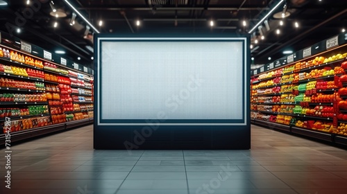cart on the shelf, Intelligent Digital Signage , Augmented reality marketing and face recognition concept. Interactive artificial intelligence digital advertisement in retail hypermarket Mall. photo