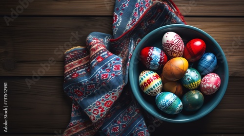 Happy Easter. Bowl filled with colored eggs. AI generated image.