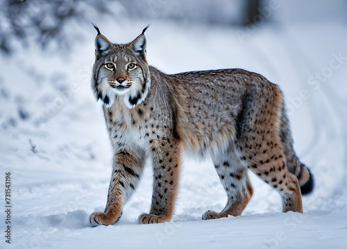 Snow nature.angry  Lynx faces the road. Winter wildlife. Lynx in the snow. Wildlife view from nature © Putri182