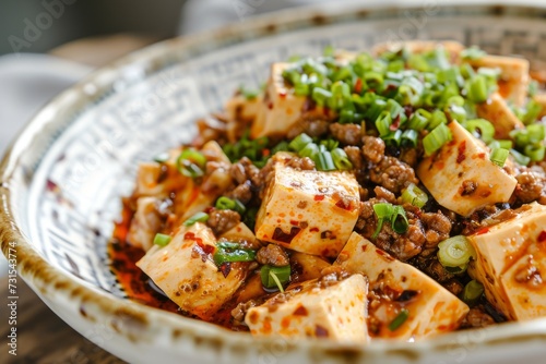 Asian style Mapo Tofu Silken tofu with beef and mala flavor from chili oil and Sichuan peppercorns photo