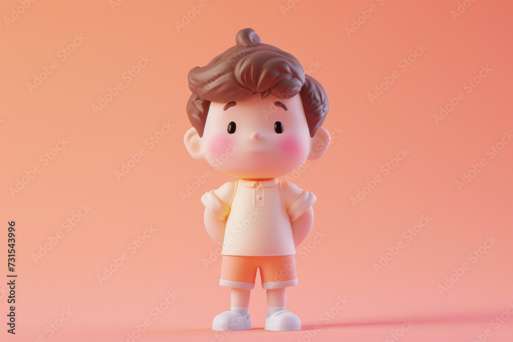 3D illustration of a cute cartoon boy with brown hair, wearing an orange and white outfit, on a soft pink background. 3D illustration of a cute cartoon boy with brown hair, wearing an orange and white outfit, on a soft pink background.