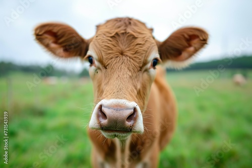 Close up of a cow s nose in a green meadow expressing curiosity