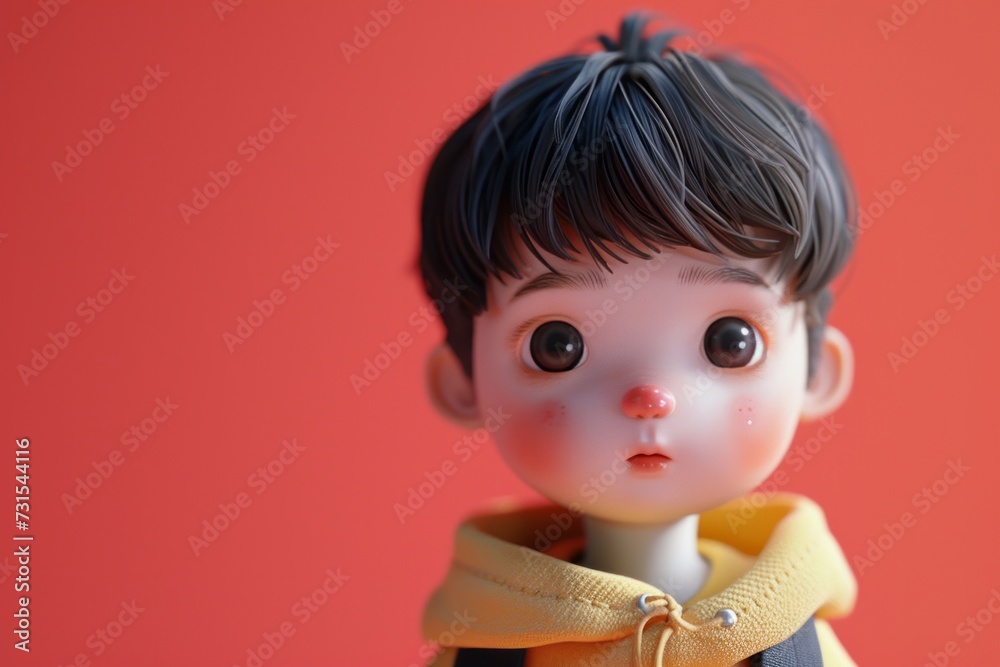 Close-up of a cute doll with big eyes and a yellow scarf against a vibrant red background. Close-up of a cute doll with big eyes and a yellow scarf against a vibrant red background.