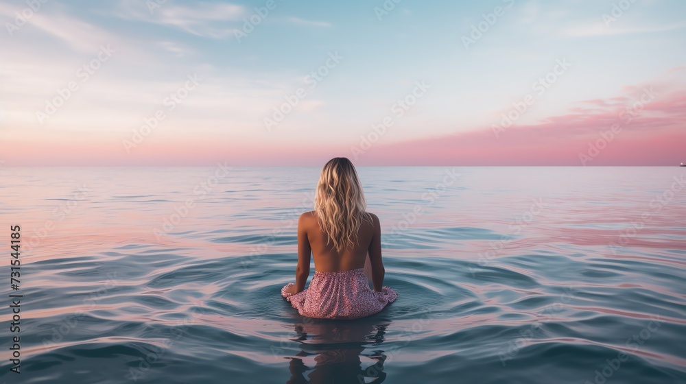 Young woman meditating on the beach. AI generated image.