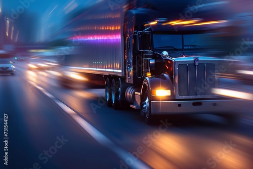 Description of shadowy big rig on blurred roadway with indistinct truck and trailer backdrop